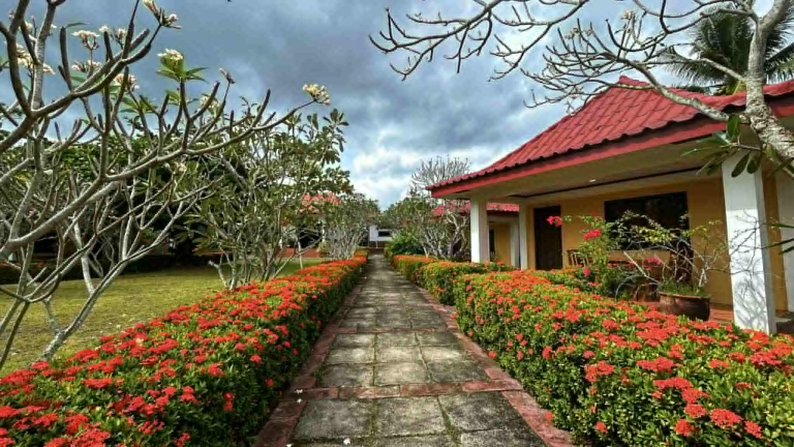 Garden pathway with red ixora flowers at Luxor Resort